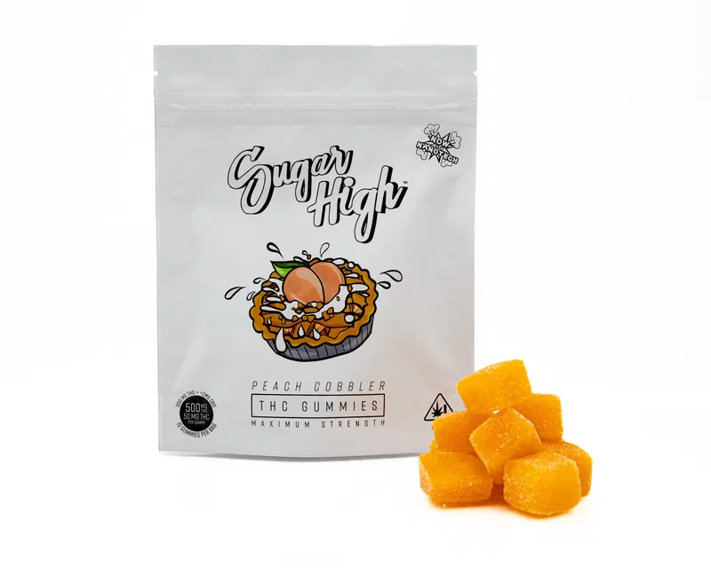 Sugar High Gummies Peach Cobbler (Hybrid) | OFFICIAL SUGAR HIGH Sugar High Gummies are THC infused gummies. These gummies are commonly used to treat poor appetite, pain, and weight loss in people who have cancer. Additionally, these products may reduce pain and muscle spasms, relieve nausea and vomiting, enhance sleep quality, and improves anxiety. These delicious edibles make for the perfect discreet treat. These treats pack a potent punch. Great to enjoy with friends. #Dosage Information Content: 500mg total THC (10 pieces, each 50mg THC) CBD: